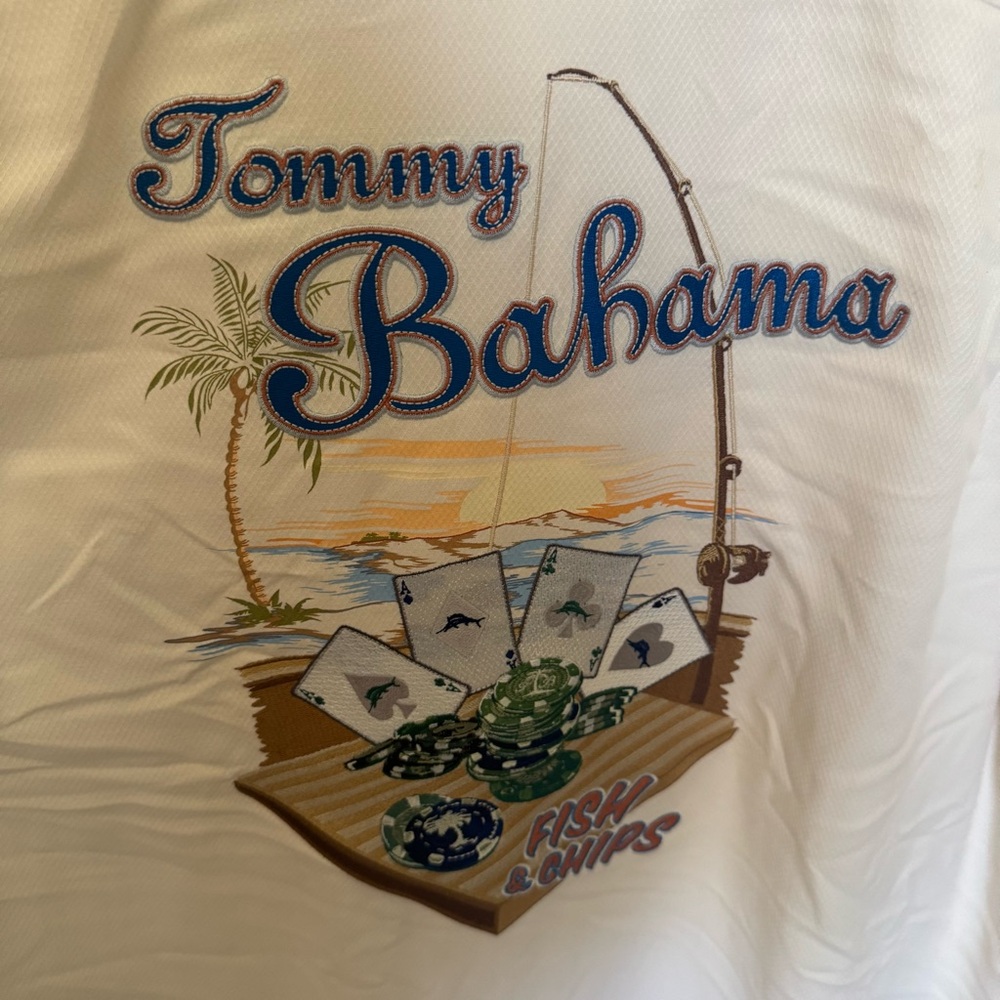 Tommy Bahama White Graphic Tee with Blue Script and Beach Poker Artwork